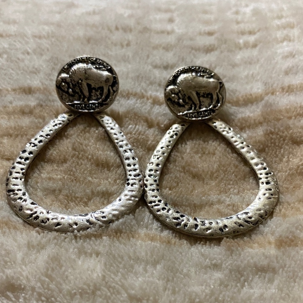 Silver Buffalo Coin Drop Hoop Earrings - Women Jewelry